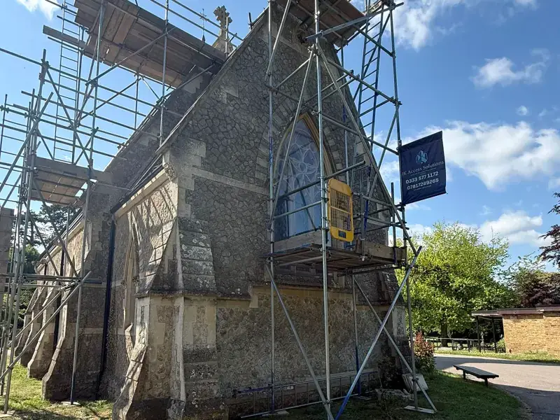 Heritage scaffolding work around a church showing our conservation expertise